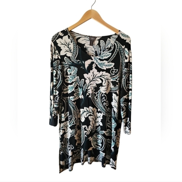 Chicos Travelers Sz 3 Floral Print Tunic Top XL 16 Black Cream Green WT387 - Picture 7 of 7